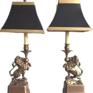 Art Deco French Table Lamp Brass Figural Prancing Lions Candelabra Black Shades